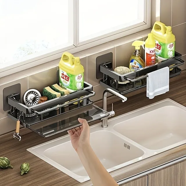 Nástěnný multifunkční odkapávací koš na kuchyňské nádobí s držákem na hadry, kořením, mýdlem a houbičkou