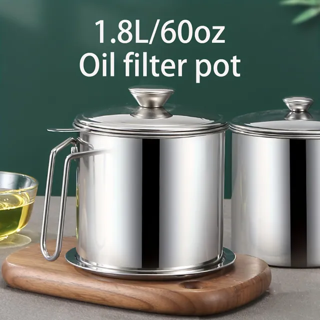 Stainless steel oil filter with a capacity of 1.8 liters - Bacon fat container with filter, lid and network filters, Repeatedly usable kitchen oil