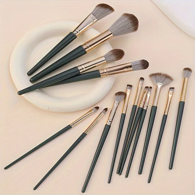 Luxury 14-piece set of make-up brushes - stuffed, green professional brushes for detailed make-up of whole face and eyes