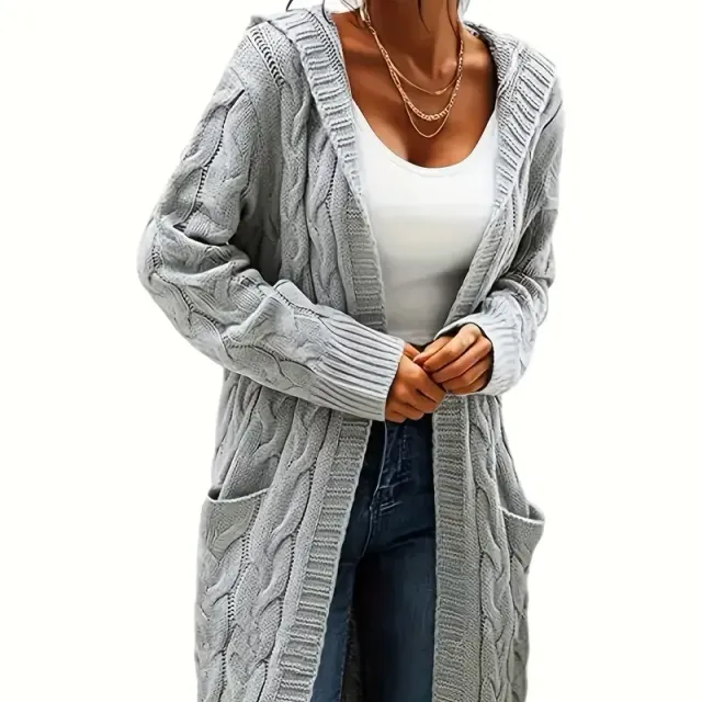 Cardigan da donna con cappuccio con motivo a cavi, maniche lunghe, lunghezza media, tasche - tinta unita