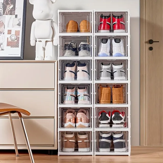 Foldable shoe storage box with 3/6 floors - Sneaker stackable trays for effective shoe organization