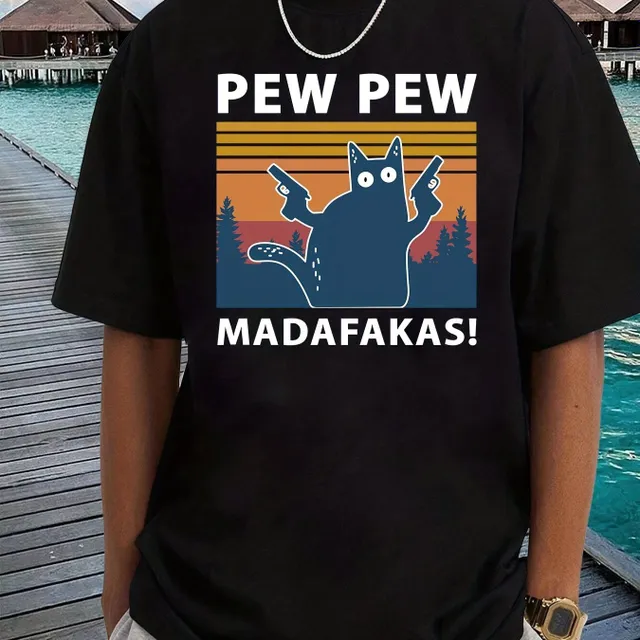 PEW PEW! Male T-shirt with cat and fallen shoulders