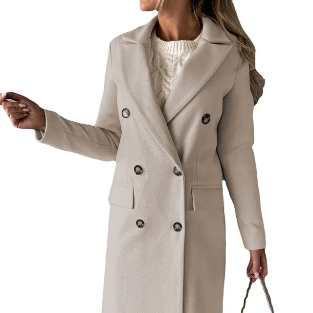 Dvouřadý vlněný kabát s dlouhým rukávem