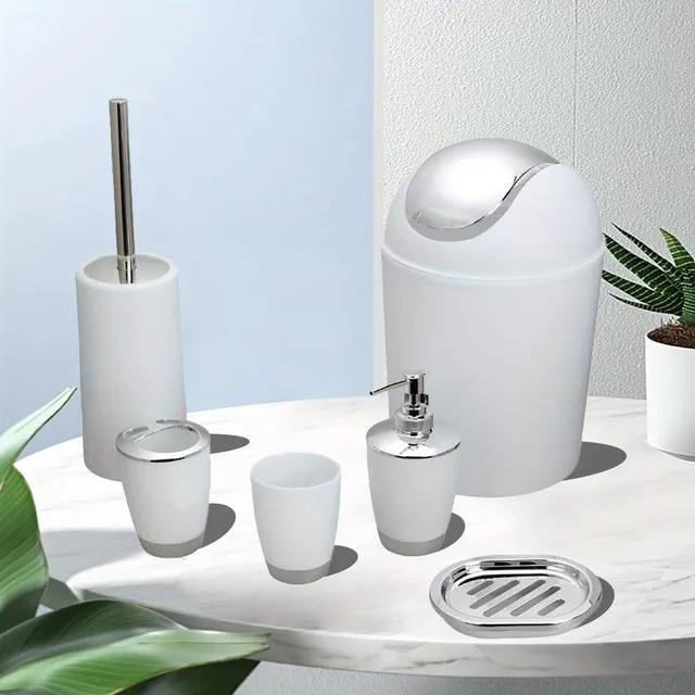 6-piece set of bathroom accessories, toothbrush holder, mouthwash cup, liquid soap dispenser, soap bowl, plastic trash basket, toilet brush with holder