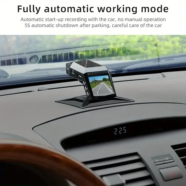 Full HD car camera with LCD display on centre panel, wide-angle 170°, night vision and parking monitor.