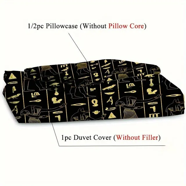 Mituri egiptene: Pat faraonic cu imprimeu hieroglific - Set lenjerie de pat, lenjerie tradițională mitologică pentru dormitor sau cămine