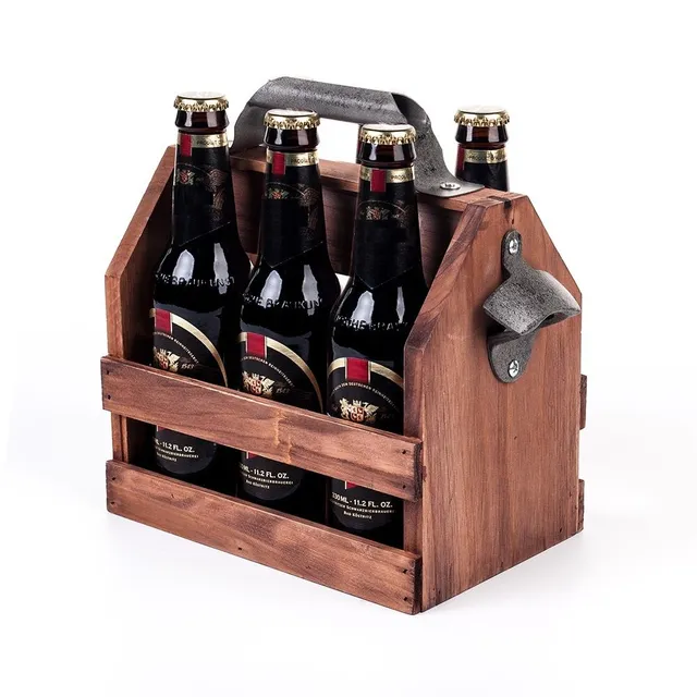 Dřevěný retro stojan na láhve s otvírákem