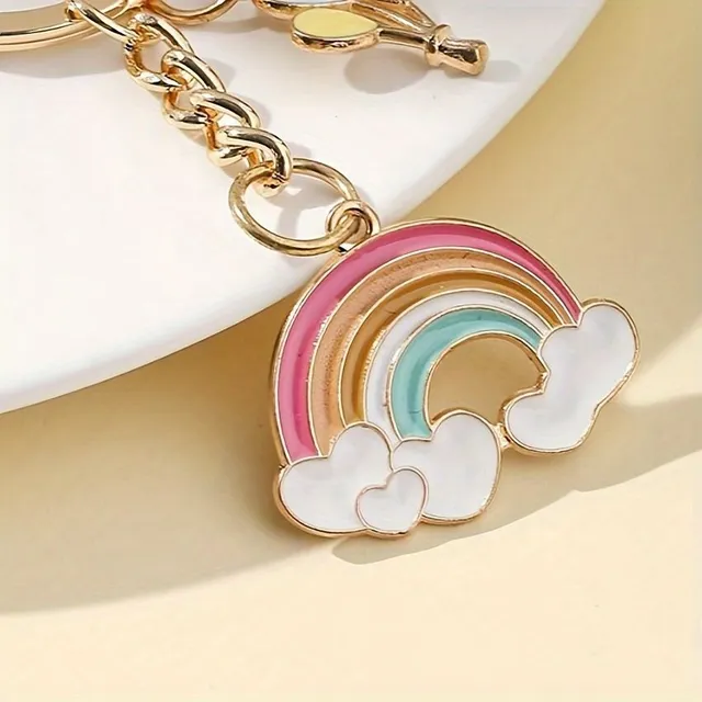 Two metal keychain pendants with rainbow cloud and color balloon