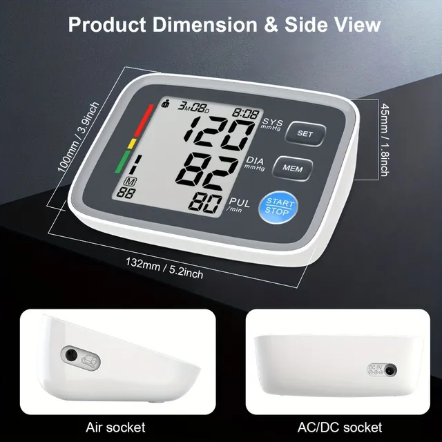 1ks Automatický tlakoměr na paži s digitálním displejem a nastavitelnou manžetou pro domácí použití (Baterie nejsou součástí balení)
