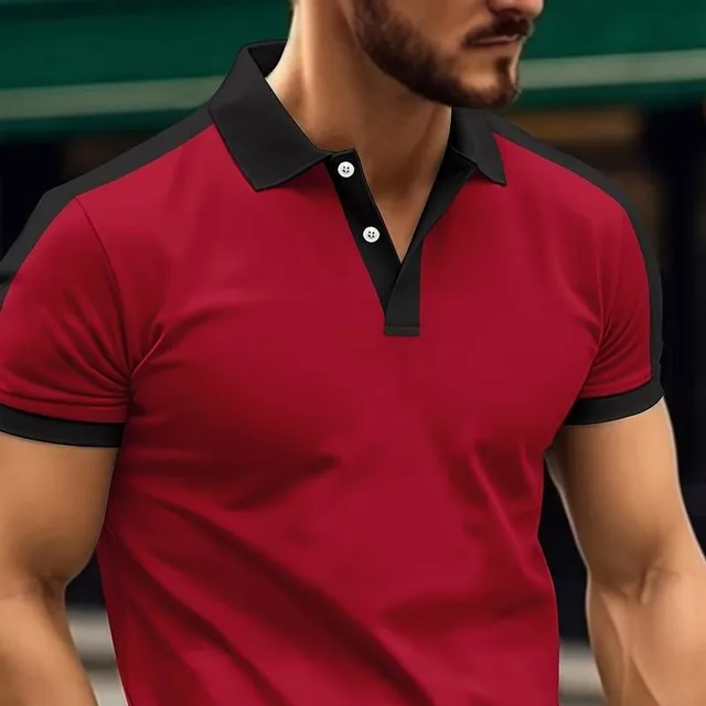 Prodyšná pánská golfová polokošile v běžném střihu s barevnými bloky, pánské tričko s krátkým rukávem a výstřihem do V na léto