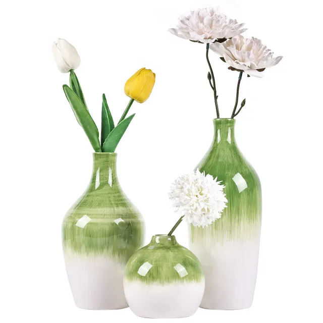 Set of 3 Pcs Ceramic Floral Vase With Crossing Glaze - Suitable for Wedding Dinner, Party At Table, Living Room, Office, Bedroom, Aesthetic Facilities Rooms, Decoration Home, Spring Decoration, Decorative Gift New Year