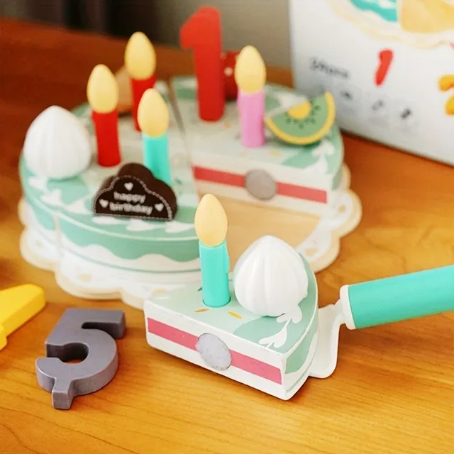 Birthday Cake - Wooden Toy with Fruit, Whipped cream, Numbers 1-5 and 5 Candles