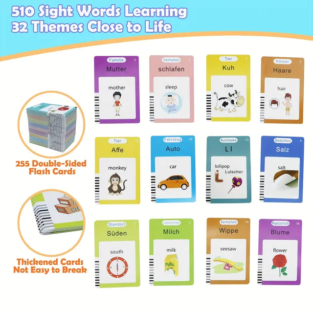 510 Slová - nemecky-anglicky hovoriace karty pre batoľatá: senzorická hračka na slovníku a výslovnosti