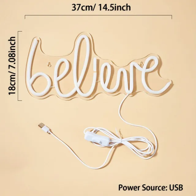 Neon sign "Believe": LED light powered from USB, wall decoration for bedroom, wedding, birthday, gambling room, home