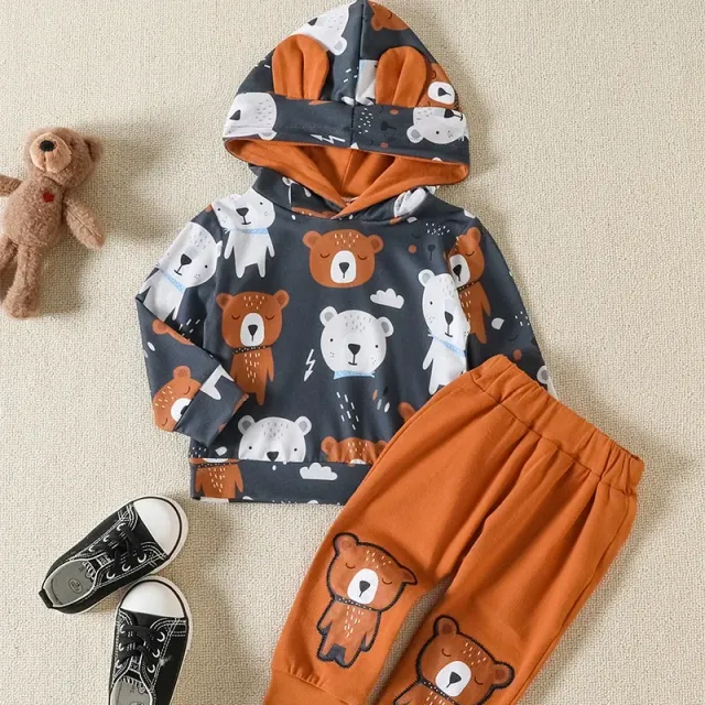 Sweat à capuche en coton pour enfants avec imprimé ours et pantalon assorti pour garçons