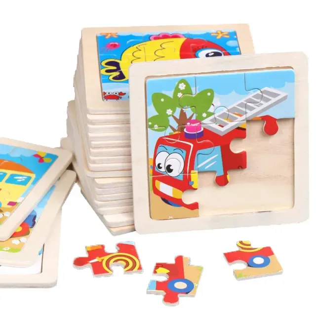 Puzzle din lemn pentru copii 11x11 cm: Vehicule, animale, motive desenate, Jucării educaționale Montessori pentru copii