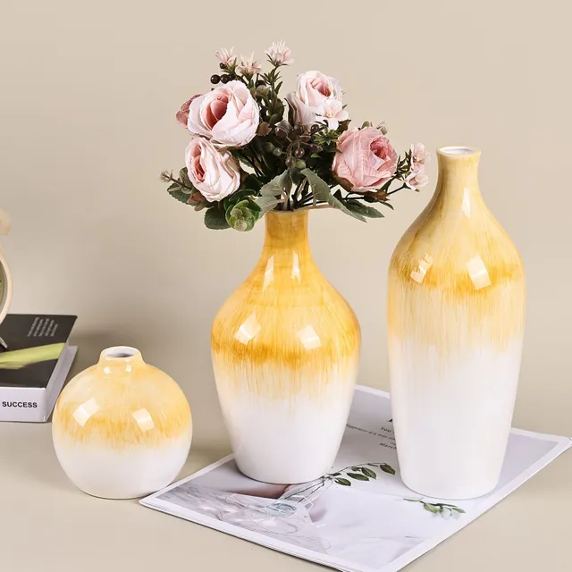 Set de 3 vase de flori ceramice cu glazură de tranziție - Potrivit pentru cină de nuntă, petrecere pe masă, cameră de zi, birou, dormitor, amenajare estetică a camerei, decorațiuni interioare, decorațiuni de primăvară, cadou decorativ pentru Anul Nou