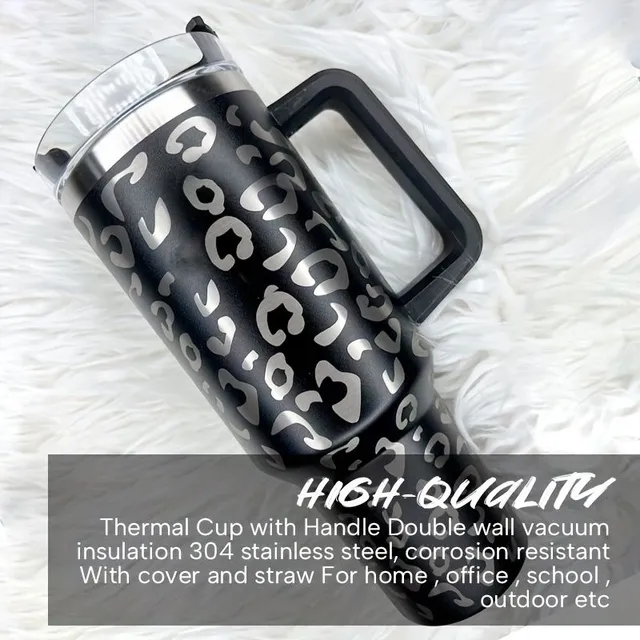 Thermo bottle with leopard pattern, handle and drink - Stainless steel water thermos for outdoor sports, traveling and camping - Perfect gift for men and women