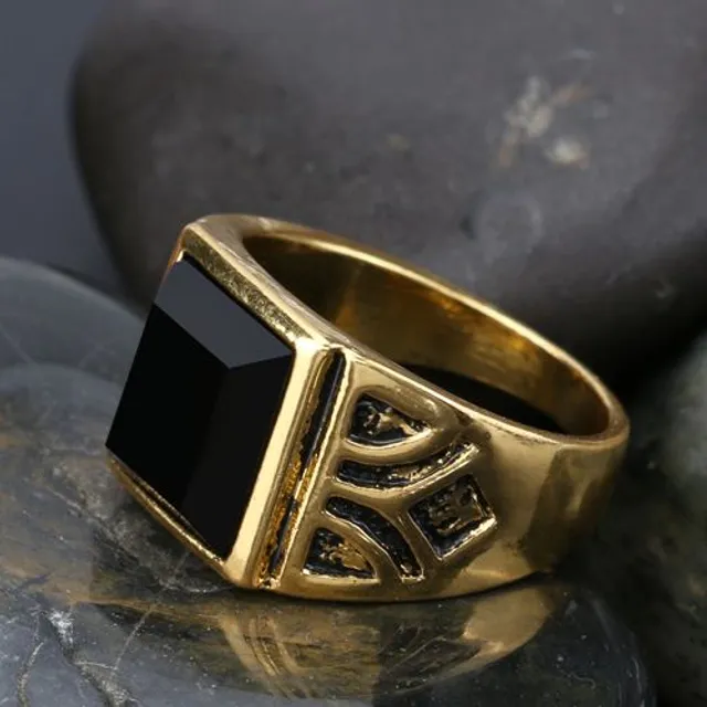 Men's gold plated ring with black stone