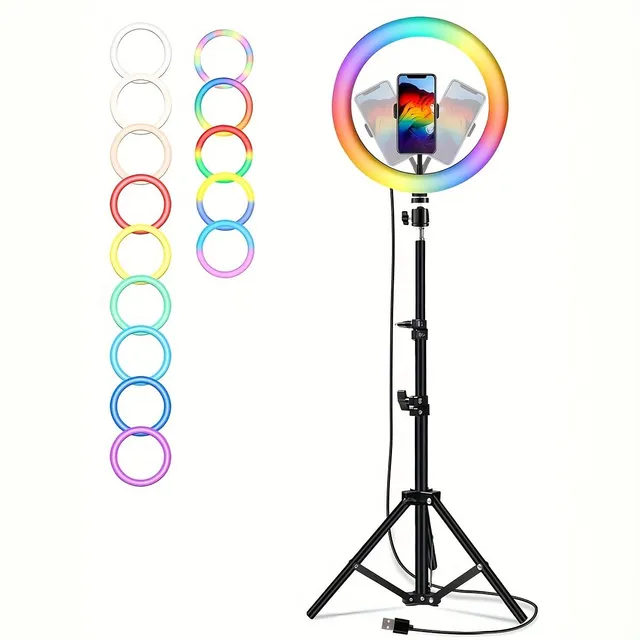 Ringlight for selfies and creation (25.4 cm) with adjustable RGB LED light, tripod and telephone holder