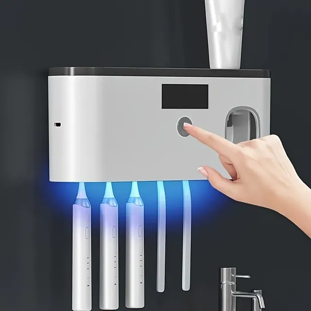 Multifunction stand for toothbrushes with UV disinfectant and dispenser