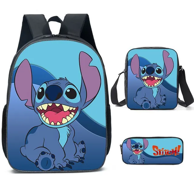 Set pentru copii cu 3 piese școlare cu motivele personajelor animate preferate Lilo și Stitch Rucsac / Geantă peste umăr / Penar