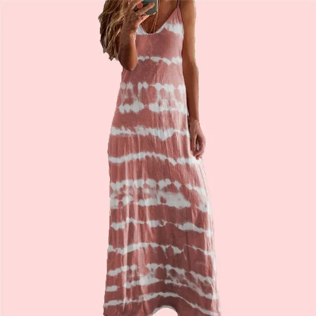 Casual Shift V-neck Sleeveless Cotton Tie-Dye Długa sukienka Boho