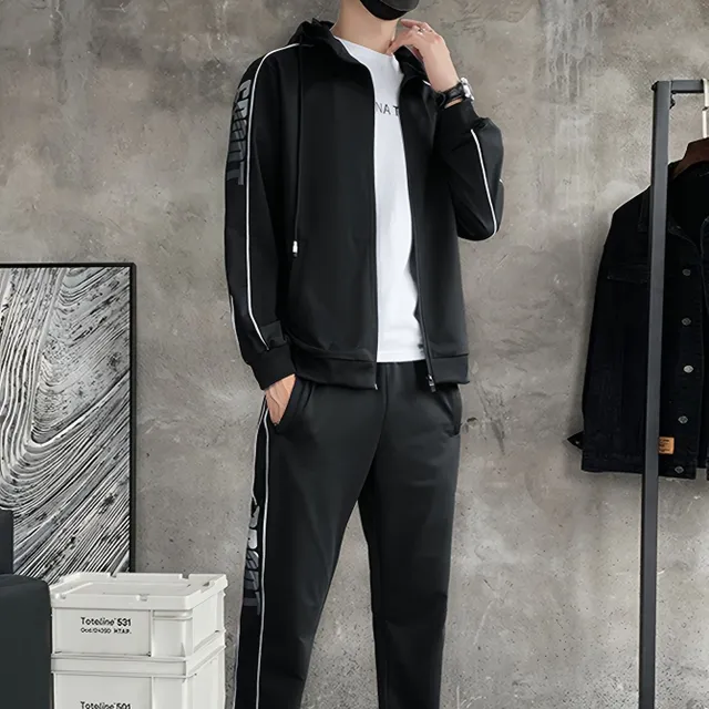 Men's two-piece sports tracksuit - zip-up sweatshirt with long sleeves, hood and comfortable sweatpants