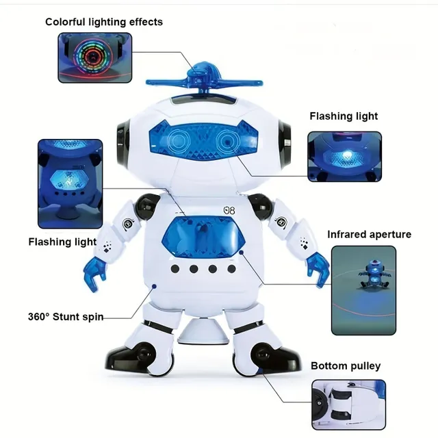 Tancující a chodící robot s hudbou a světly - 360° otáčení - Zábavná hračka pro děti od 3 let