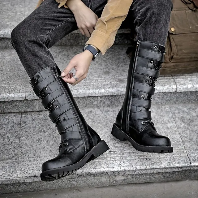 Men's motorcycle shoes with buckles and side zippers, anti-slip, high, into nature