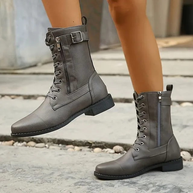Women's motorcycle shoes with round tip and side zipper - stylish, laced, anti-slip medium-high boots in autumn and winter