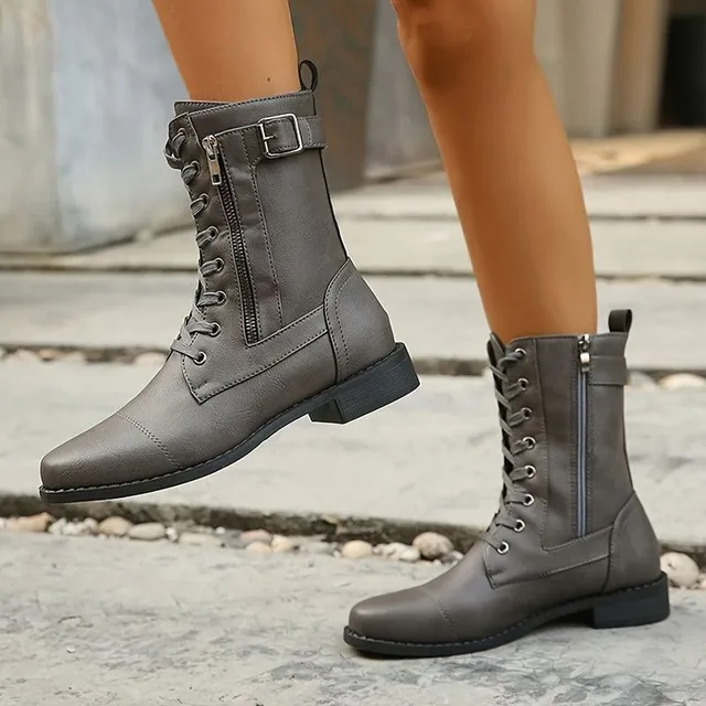 Bottes de moto pour femme à bout rond et fermeture éclair latérale - Bottes mi-hautes stylées, à lacets et antidérapantes pour l'automne et l'hiver