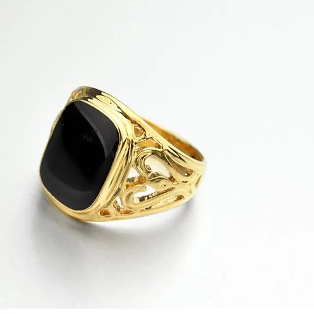 Men's ring with black crystal Dan - gold color