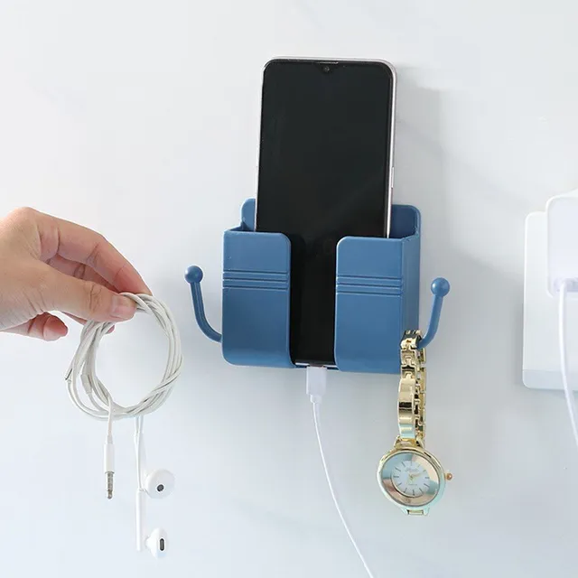 Wall holder of mobile phone with hole for cable and hooks