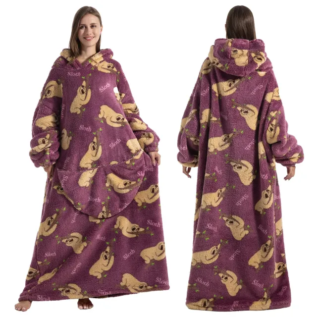Pătură purtabilă cu glugă din pluș și fleece sherpa pentru adulți