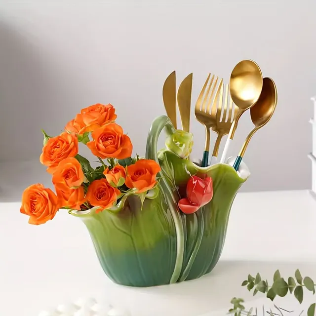 Ceramic kettle vase in the shape of a lotus leaf with hand painted, waterproof, with the function of flower holder and cutlery