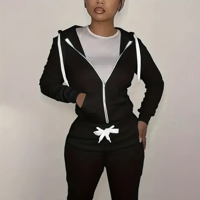 Two-phase set with zipper hood and long pants with pockets - monochrome, waistline