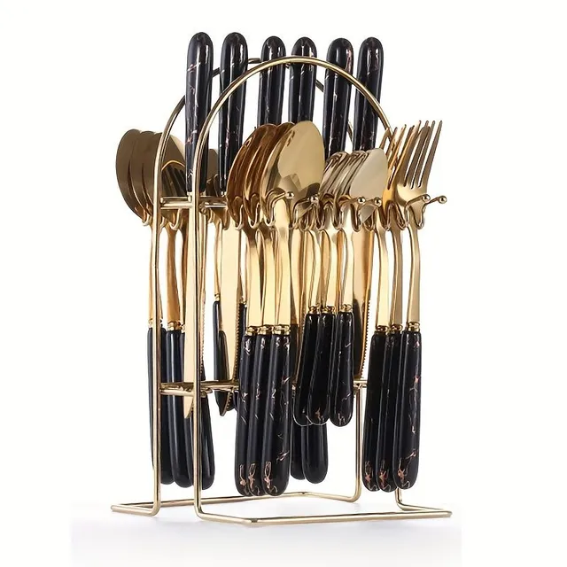 24pcs Stainless steel Stand for cutlery A Storage Box - Mirror Design for use In Households, Restaurant &amp; Party - Contains Dining Knife, Fork, Spoon &amp; Dessert Spoon - Ideal For Organizing &amp; Exhibition of cutlery