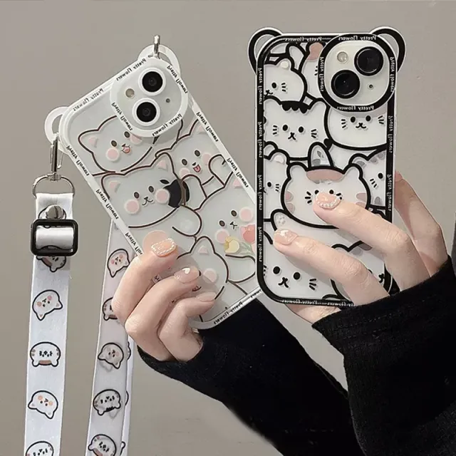 Silicone transparent iPhone phone case with Cute Bear motifs and neck strap