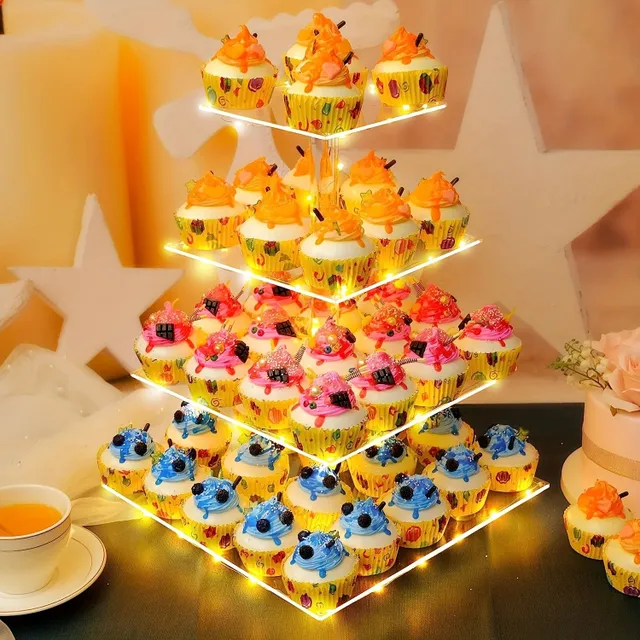 Pedestal cupcake - 4 poschodia z akrylu s LED svetlom na narodeniny, cukroví bar, svadby, večierky a akcie