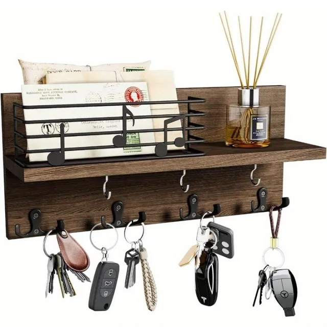 Wall mounted mail organiser with hooks