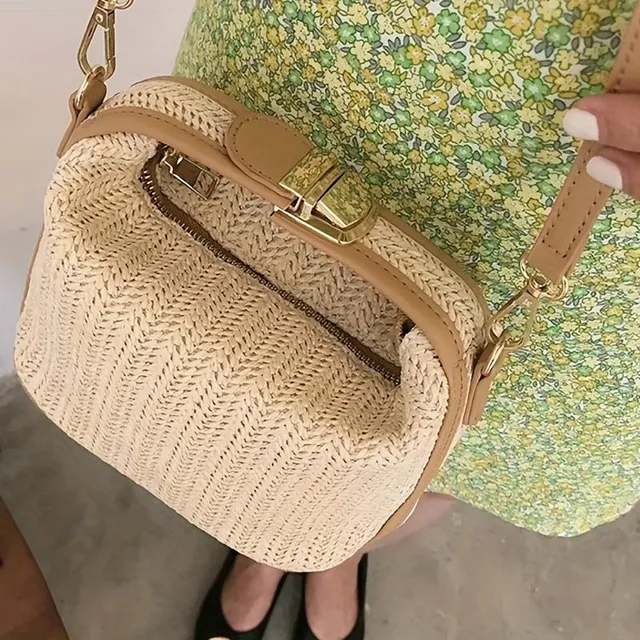 Slaměný pletený kabelkový sáček - módní crossbody kabelka, přenosná plážová taška na dovolenou