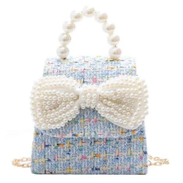 Girl original modern crochet bag over shoulder with pearl handles Bowers