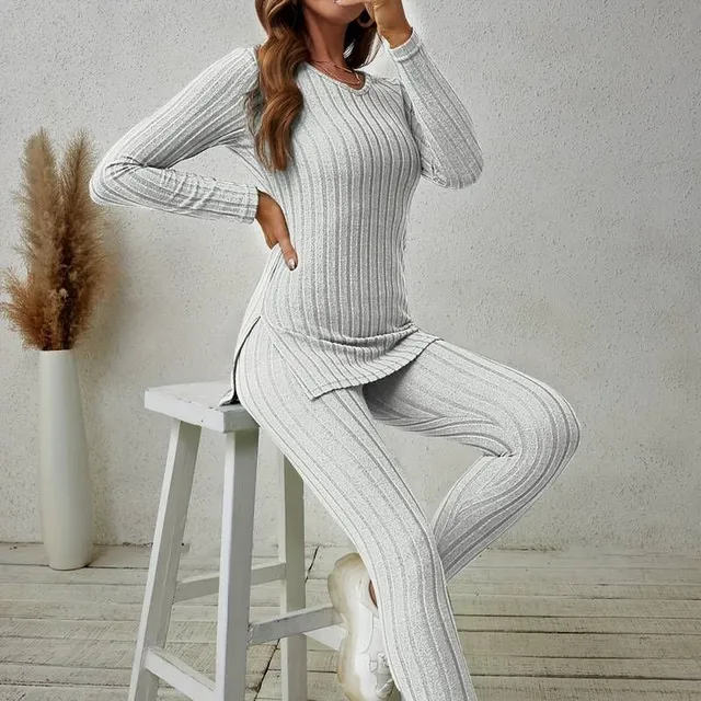 Set două piese pentru femei din tricot canelat - mâneci lungi, decolteu în V, fermoar, pantaloni slim