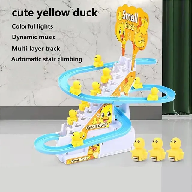 Jucărie electronică pentru copii cu animal de pluș care urcă pe scări - rață/pinguin, lumină și muzică distractivă