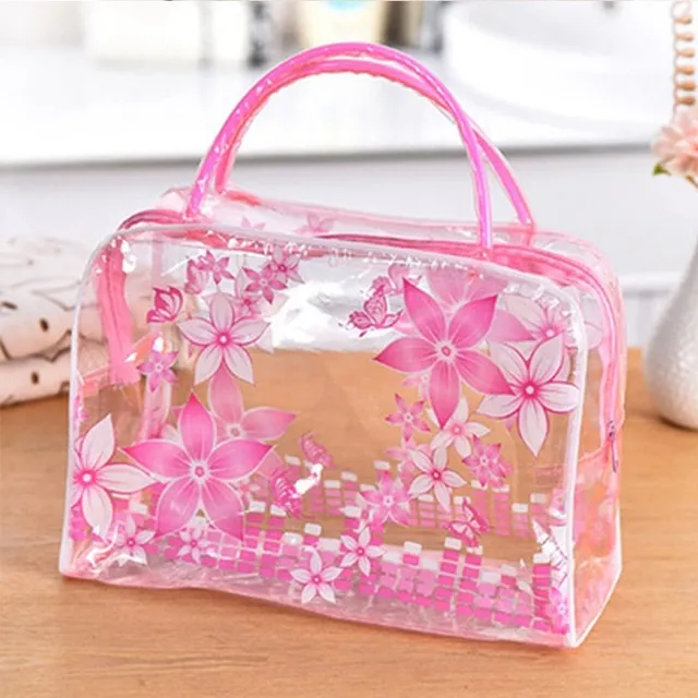 Transparent toiletry bag with floral motif for cosmetics and more