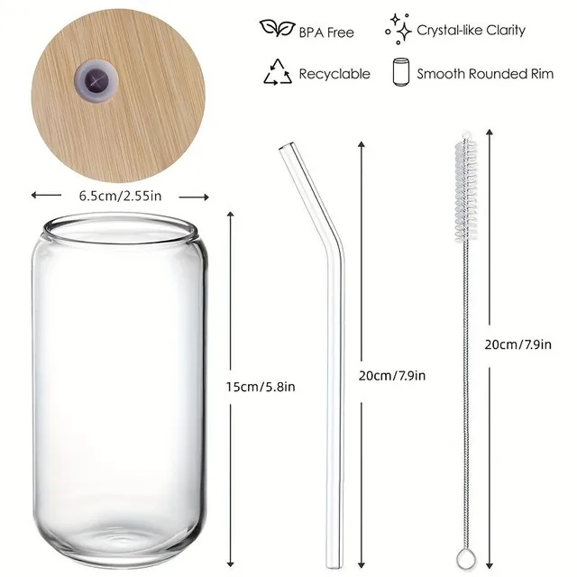 4-dílná sada sklenic ve tvaru plechovky, 16 oz, z vysoce borosilikátového skla s bambusovými víky a skleněnými brčky