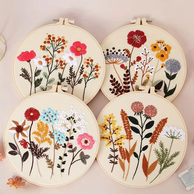 Embroidery set for beginners with 4 floral patterns, hoops, threads and needles