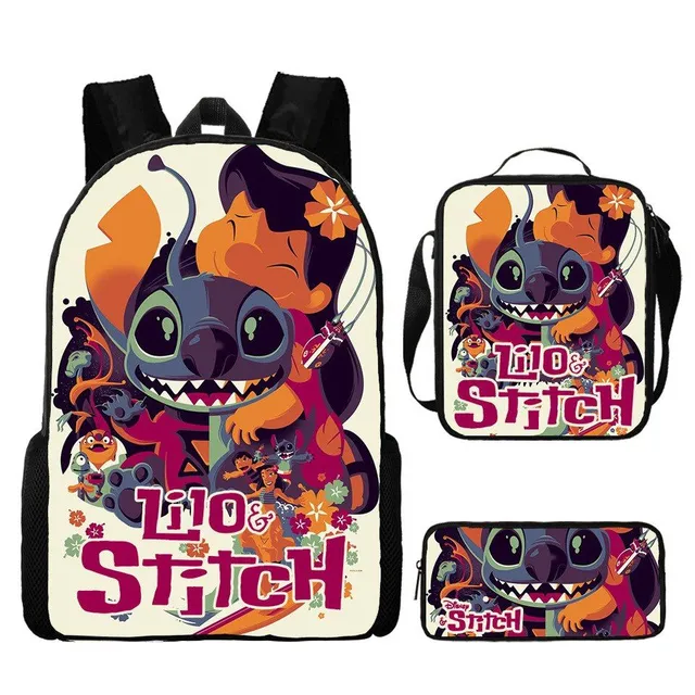 Set pentru copii cu 3 piese școlare cu motivele personajelor animate preferate Lilo și Stitch Rucsac / Geantă peste umăr / Penar