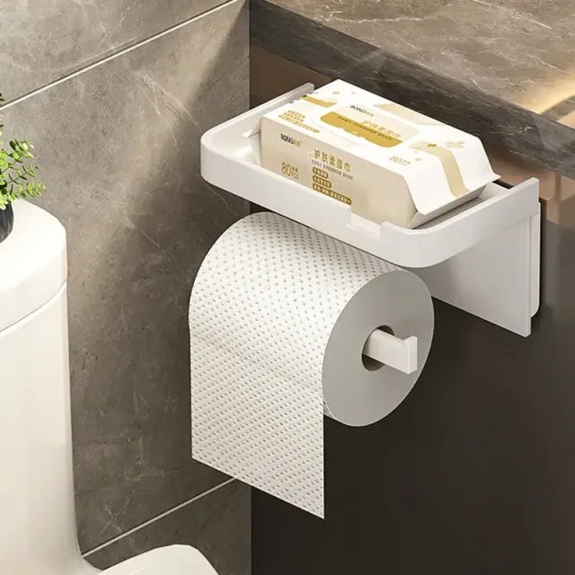Nástěnný držák toaletního papíru s úložným prostorem a odkládacím podnosem pro telefon